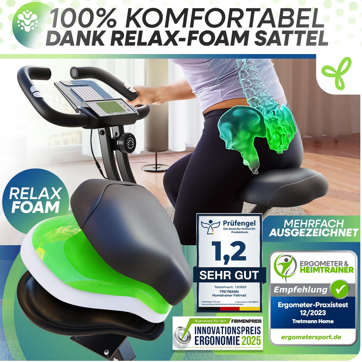 Neu Tretmann Hometrainer fahrrad Klappbar Set-extra bequem & leise- [RelaxFoam] bis 150KG Belastbar Ergometer, Heimtrainer fahrrad, Ergometer Heimtrainer Senioren, Spinning Bike Indoor, Fitnessbikes