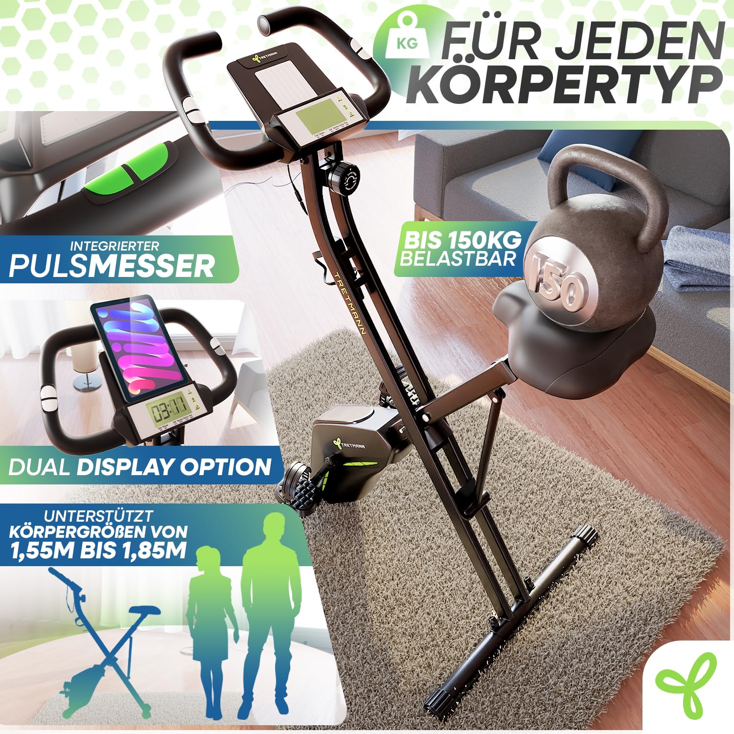 Neu Tretmann Hometrainer fahrrad Klappbar Set-extra bequem & leise- [RelaxFoam] bis 150KG Belastbar Ergometer, Heimtrainer fahrrad, Ergometer Heimtrainer Senioren, Spinning Bike Indoor, Fitnessbikes