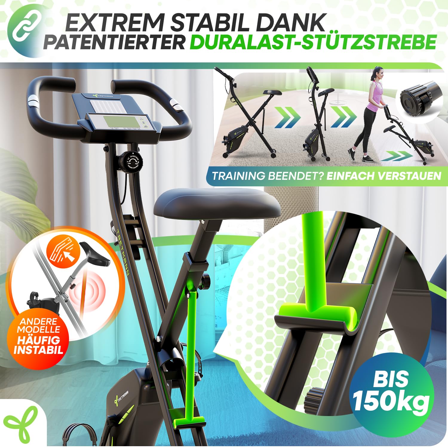 Neu Tretmann Hometrainer fahrrad Klappbar Set-extra bequem & leise- [RelaxFoam] bis 150KG Belastbar Ergometer, Heimtrainer fahrrad, Ergometer Heimtrainer Senioren, Spinning Bike Indoor, Fitnessbikes