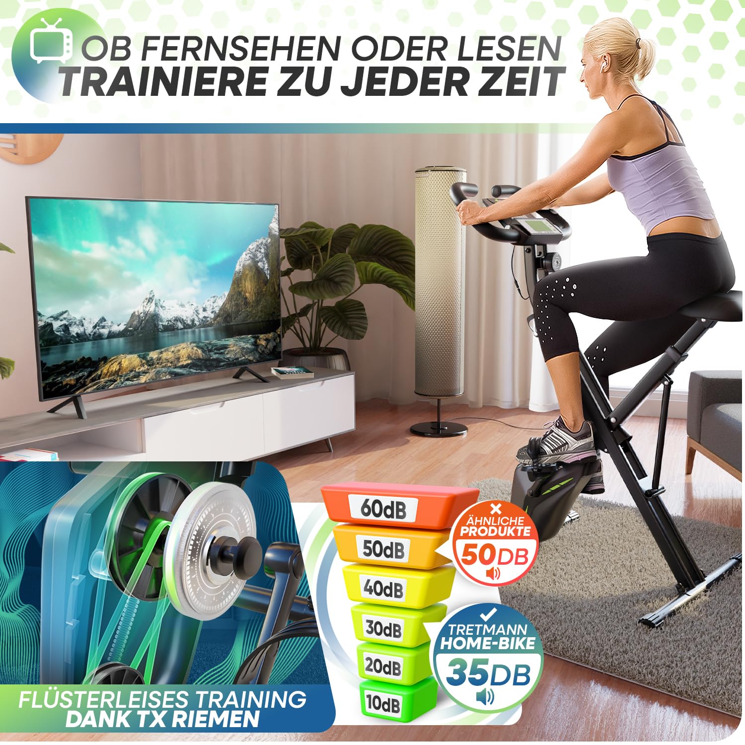 Neu Tretmann Hometrainer fahrrad Klappbar Set-extra bequem & leise- [RelaxFoam] bis 150KG Belastbar Ergometer, Heimtrainer fahrrad, Ergometer Heimtrainer Senioren, Spinning Bike Indoor, Fitnessbikes