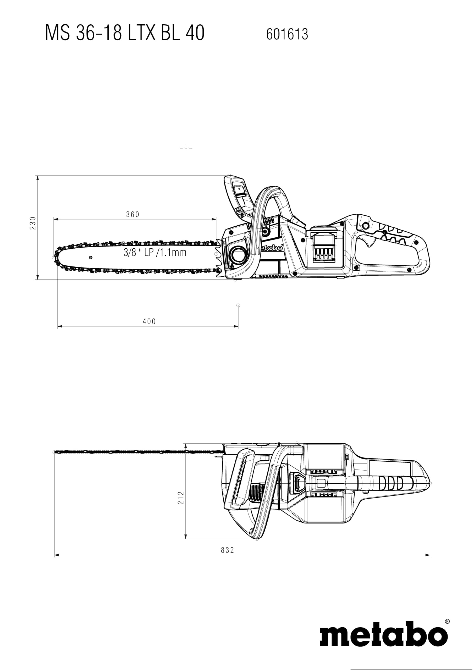 Metabo Akku-Kettensäge MS 36-18 LTX BL 40 (18 V, Schnittlänge 40 cm, Akku-Motorsäge, autom. Kettenschmierung, Zahnteilung 3/8")